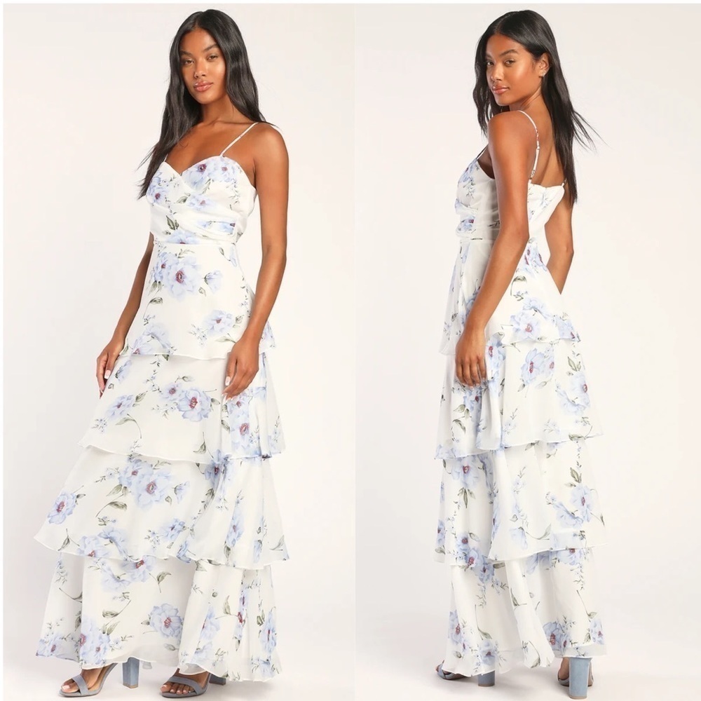 Lulu's White and Blue Floral Maxi Dress